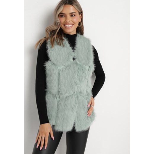 Miętowa Kamizelka Futrzana z Wstawkami z Ekoskóry Batliewa L born2be.pl