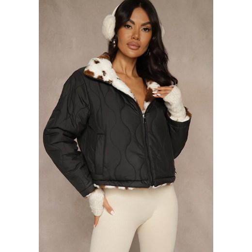 Czarna Pikowana Kurtka Dwustronna Ozdobiona Łaciatym Futerkiem Mevelliana ze sklepu renee.pl w kategorii Kurtki damskie - zdjęcie 186782857