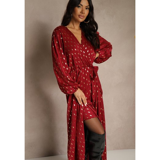 Bordowa Wiązana Sukienka o Kopertowym Kroju Zdobiona Metalicznym Printem Reinora ze sklepu renee.pl w kategorii Sukienki - zdjęcie 186782877