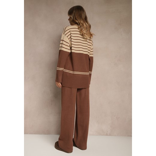 Brązowy Komplet z Dzianiny z Wełną Pasiasty Sweter i Spodnie Ralleia Renee ONE SIZE renee.pl