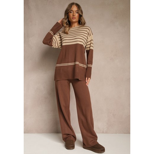 Brązowy Komplet z Dzianiny z Wełną Pasiasty Sweter i Spodnie Ralleia Renee ONE SIZE renee.pl