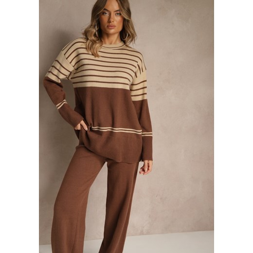 Brązowy Komplet z Dzianiny z Wełną Pasiasty Sweter i Spodnie Ralleia ze sklepu renee.pl w kategorii Komplety i garnitury damskie - zdjęcie 186785478