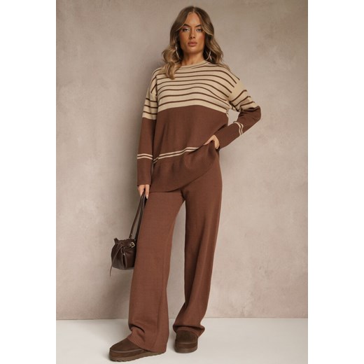 Brązowy Komplet z Dzianiny z Wełną Pasiasty Sweter i Spodnie Ralleia ze sklepu renee.pl w kategorii Komplety i garnitury damskie - zdjęcie 186785479