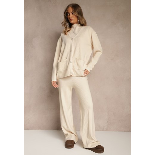 Jasnobeżowy Komplet z Dzianiny z Bawełną Spodnie Kardigan i T-shirt z Golfem Ralonia ze sklepu renee.pl w kategorii Komplety i garnitury damskie - zdjęcie 186785498