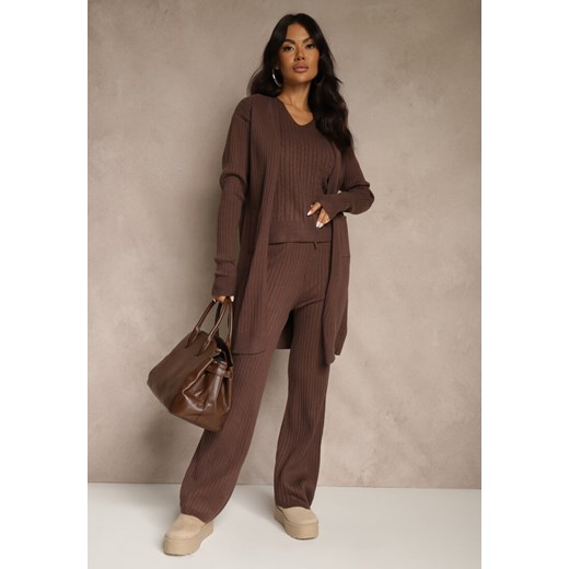 Brązowy Komplet z Dzianiny z Bawełną Spodnie Kamizelka i Długi Kardigan Mevalinia - id: 3642-S-448-COFFEE - marki Renee - 186785508 Brązowy Komplet z Dzianiny z Bawełną Spodnie Kamizelka i Długi Kardigan Mevalinia ze sklepu renee.pl w kategorii Komplety i garnitury damskie - zdjęcie 186785508