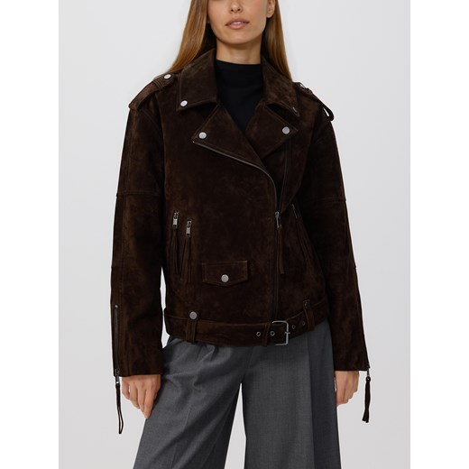Reserved - Zamszowa ramoneska oversize z paskiem - ciemnobrązowy ze sklepu Reserved w kategorii Kurtki damskie - zdjęcie 186785975