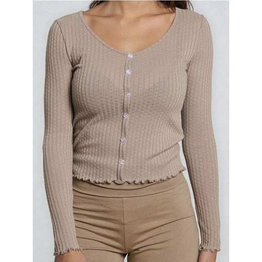 Sinsay - Prążkowana bluzka z dekoltem V - beżowy ze sklepu Sinsay w kategorii Bluzki damskie - zdjęcie 186788399