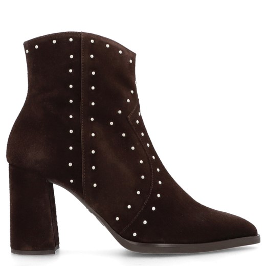 Skórzane botki na słupku - WONDERS M-5431 BRĄZOWE ze sklepu Tymoteo.pl - sklep obuwniczy w kategorii Botki - zdjęcie 186792945