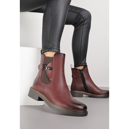 Bordowe Botki Typu Sztyblety z Klamerką i Ozdobnym Paskiem przy Cholewce Hanice ze sklepu renee.pl w kategorii Botki - zdjęcie 186797225