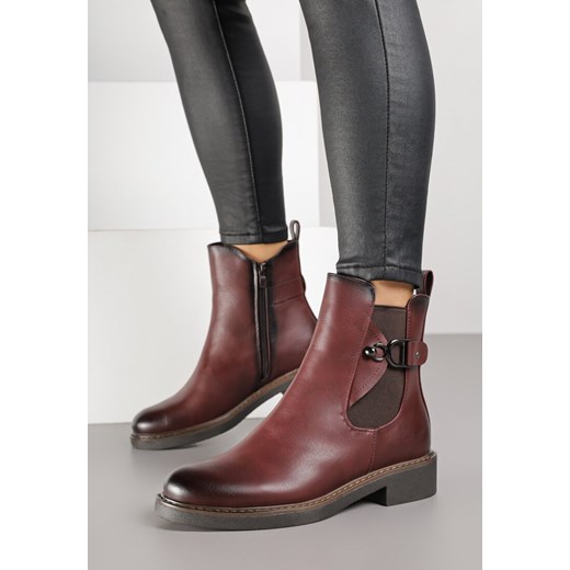 Bordowe Botki Sztyblety z Ozdobnym Paseczkiem i Klamrą Hanirae ze sklepu born2be.pl w kategorii Botki - zdjęcie 186797287