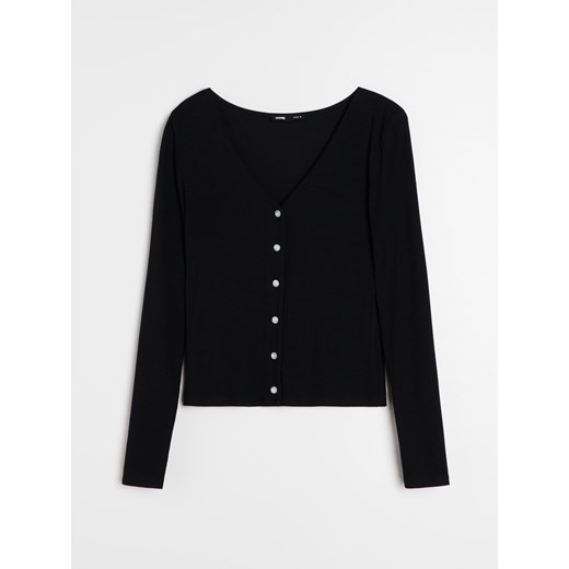 Sinsay - Prążkowana bluzka z dekoltem V - czarny Sinsay XL Sinsay