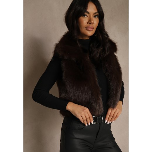 Brązowa Futerkowa Kamizelka z Kołnierzem i Kieszeniami Nenessa Renee M renee.pl