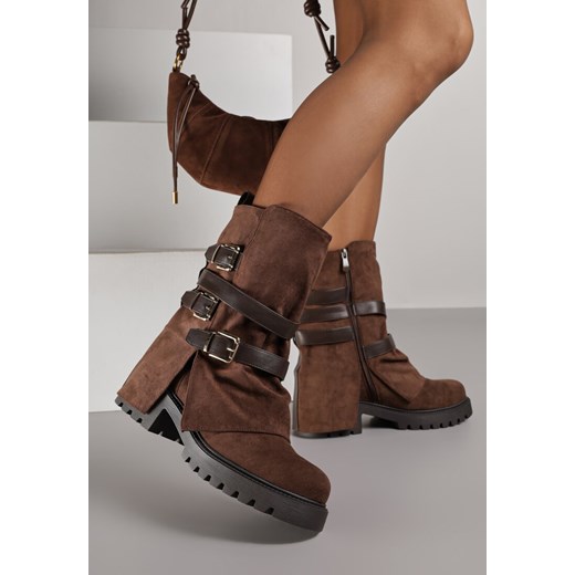 Brązowe Botki Typu Bikery z Wywiniętą Cholewką z Klamrami Selora 38 born2be.pl