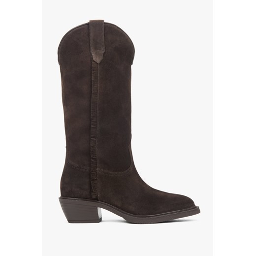 Estro: Ciemnobrązowe wysokie kowbojki damskie z włoskiego weluru naturalnego Premium ze sklepu Estro w kategorii Kozaki damskie - zdjęcie 186812107