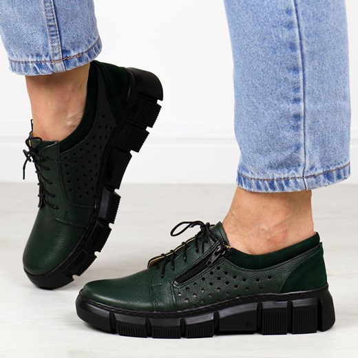 Zielone skórzane ażurowe Polskie półbuty damskie D160A ze sklepu suzana.pl w kategorii Półbuty damskie - zdjęcie 186814475