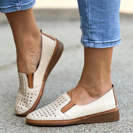 Beżowe ażurowe skórzane półbuty damskie Vinceza 43003 ze sklepu suzana.pl w kategorii Półbuty damskie - zdjęcie 186814496