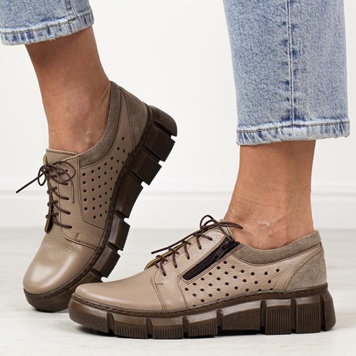 Skórzane ażurowe Polskie półbuty damskie kawa D160A ze sklepu suzana.pl w kategorii Półbuty damskie - zdjęcie 186814817