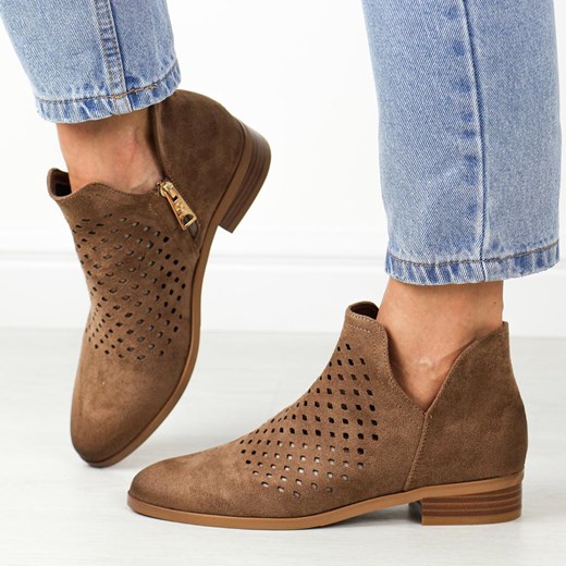 Beżowe zamszowe ażurowe botki damskie Vinceza 58240 ze sklepu suzana.pl w kategorii Botki - zdjęcie 186815188