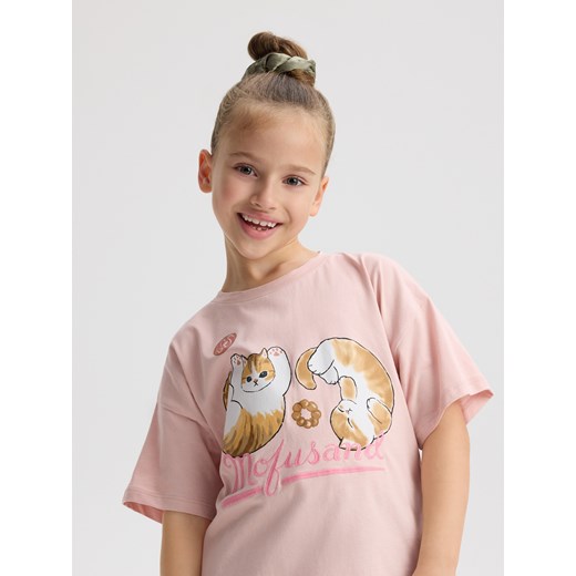 Reserved - T-shirt z nadrukiem Mofusand - brudny róż ze sklepu Reserved w kategorii Bluzki dziewczęce - zdjęcie 186816655