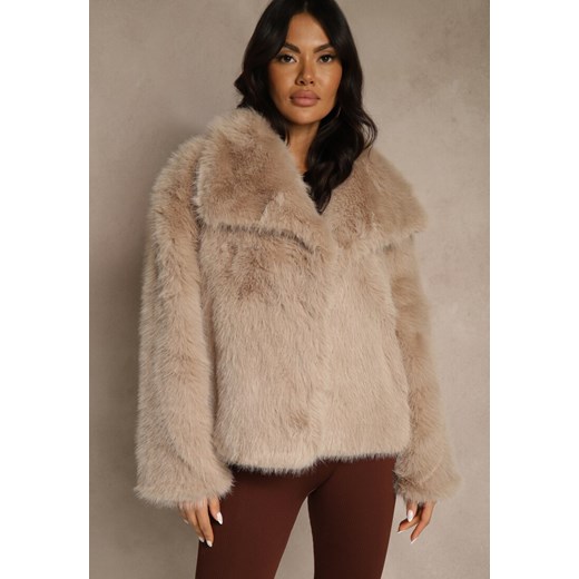 Beżowa Kurtka Futerko o Jednorzędowym Kroju z Szerokim Kołnierzem Dezile ze sklepu renee.pl w kategorii Futra damskie - zdjęcie 186819208