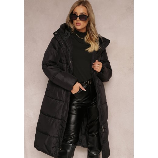 Czarna Kurtka za Kolano Pikowana z Kapturem Nafesa ze sklepu renee.pl w kategorii Kurtki damskie - zdjęcie 186821639