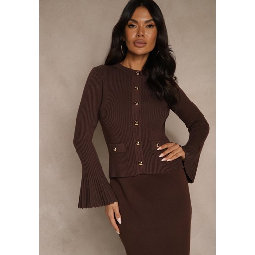 Brązowy Elegancki Prążkowany Kardigan z Wiskozą Guzikami i Rozszerzanymi Rękawami Otila - id: MCY06013-448-COFFEE - marki Renee - 186825296 Brązowy Elegancki Prążkowany Kardigan z Wiskozą Guzikami i Rozszerzanymi Rękawami Otila ze sklepu renee.pl w kategorii Swetry damskie - zdjęcie 186825296