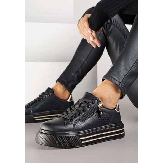 Czarne Sneakersy na Grubej Podeszwie z Perforacją i Suwakiem Giorinea 38 born2be.pl