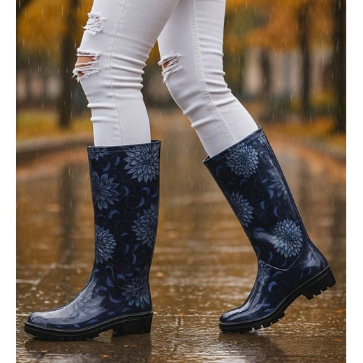 Kalosze damskie z wysoką cholewką Czarno granatowe /B4-1 18373 T346/ ze sklepu Pantofelek24.pl w kategorii Kalosze damskie - zdjęcie 187043969