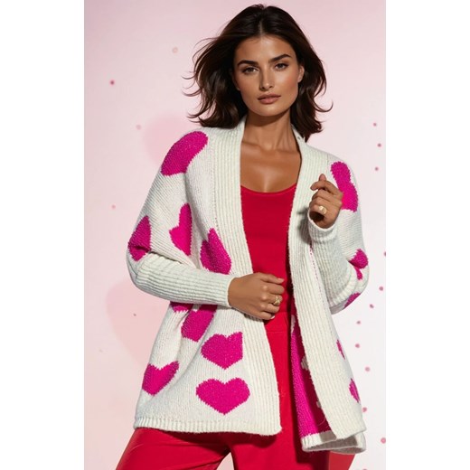 Kolorowy luźny kardigan damski sweter w serca F1815, Kolor ecru-różowy, Rozmiar M/L, Fobya ze sklepu Primodo w kategorii Swetry damskie - zdjęcie 187056659