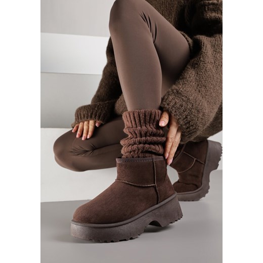 Ciemnobrązowe Śniegowce z Imitacji Zamszu o Wsuwanym Fasonie na Platformie Reilessa - id: HY880-54-BROWN - marki Renee - 187188987 Ciemnobrązowe Śniegowce z Imitacji Zamszu o Wsuwanym Fasonie na Platformie Reilessa ze sklepu renee.pl w kategorii Śniegowce damskie - zdjęcie 187188987