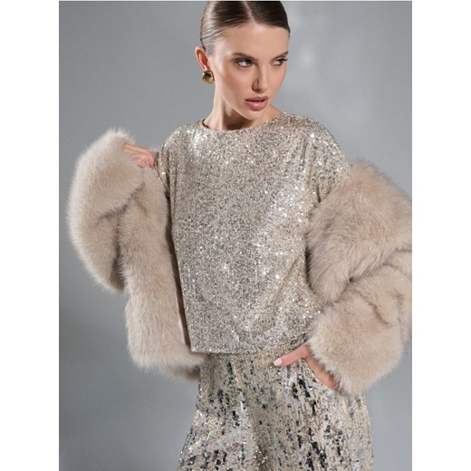 Sinsay - Cekinowa bluzka z krótkim rękawem - srebrny ze sklepu Sinsay w kategorii Bluzki damskie - zdjęcie 187190219