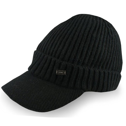 Ocieplana Czapka Dzianinowa z Daszkiem - Jarek - Czarna CPAJARdzianinaDASZEKcz ze sklepu JegoSzafa.pl w kategorii Czapki z daszkiem męskie - zdjęcie 187191868