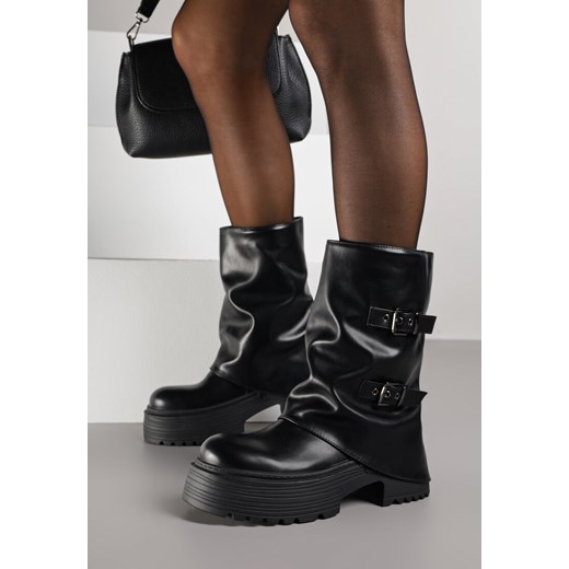 Czarne Botki Biker Vices z Wywiniętą Cholewką Platformą i Klamrami Reinila ze sklepu renee.pl w kategorii Botki - zdjęcie 187198628