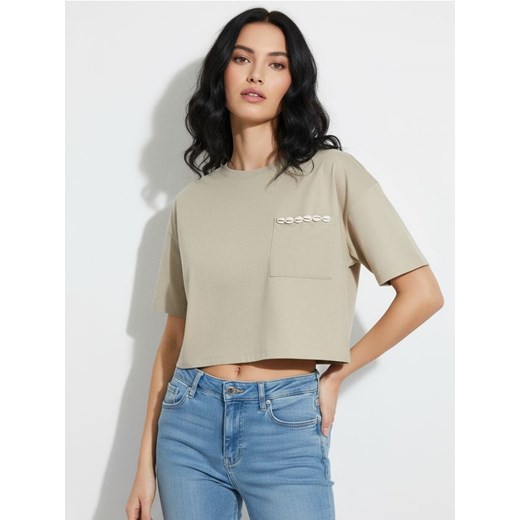 Sinsay - Crop top z ozdobnymi muszelkami - beżowy ze sklepu Sinsay w kategorii Bluzki damskie - zdjęcie 187200439