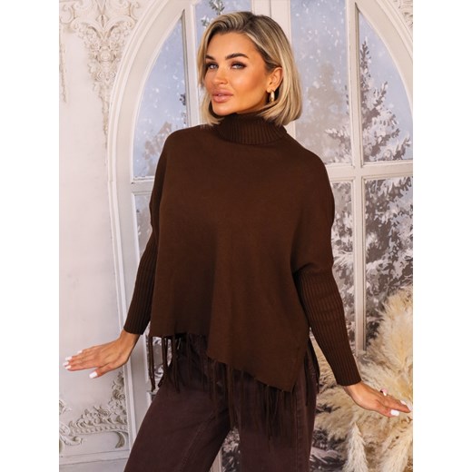 SWETER Z GOLFEM I FRĘDZLAMI NA DOLE- CZEKOLADOWY - id: 20596 - marki Olika - 187206846 SWETER Z GOLFEM I FRĘDZLAMI NA DOLE- CZEKOLADOWY ze sklepu olika.com.pl w kategorii Swetry damskie - zdjęcie 187206846