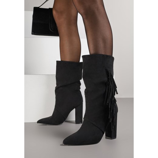 Czarne Botki w Stylu Kowbojek na Obcasie Ozdobione Frędzlami Reitania ze sklepu born2be.pl w kategorii Botki - zdjęcie 187208285