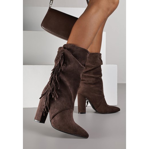 Brązowe Botki w Stylu Kowbojek na Obcasie Ozdobione Frędzlami Reitania ze sklepu born2be.pl w kategorii Botki - zdjęcie 187208295