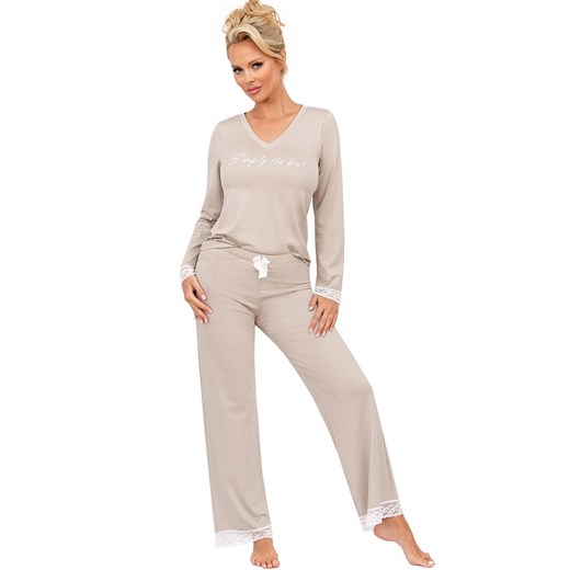 Piżama damska beżowa z długimi spodniami z koronką Simply long, Kolor beżowy, Donna M Intymna