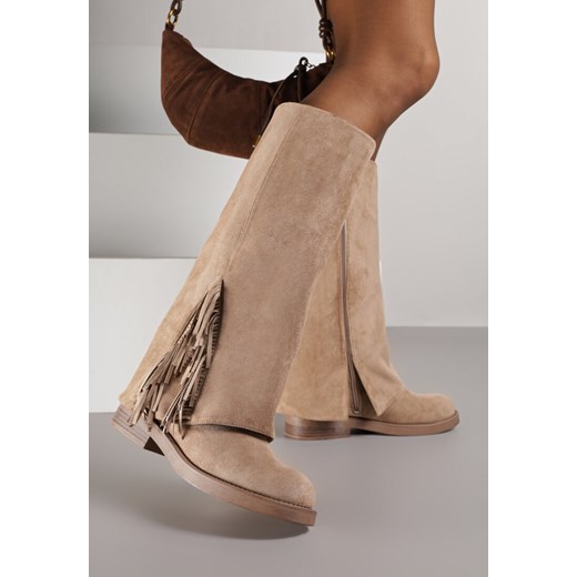 Ciemnobeżowe Kozaki z Wywiniętą Cholewką i Frędzlami Reisela 37 born2be.pl