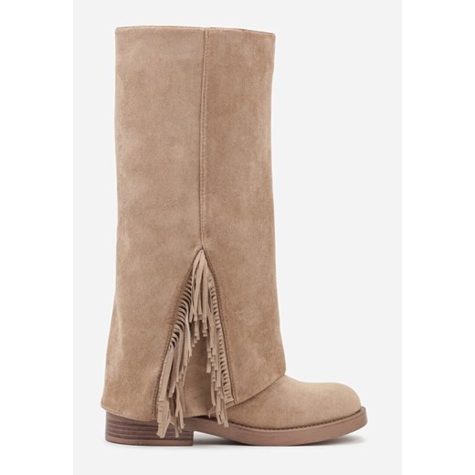 Ciemnobeżowe Kozaki z Wywiniętą Cholewką i Frędzlami Reisela 40 born2be.pl