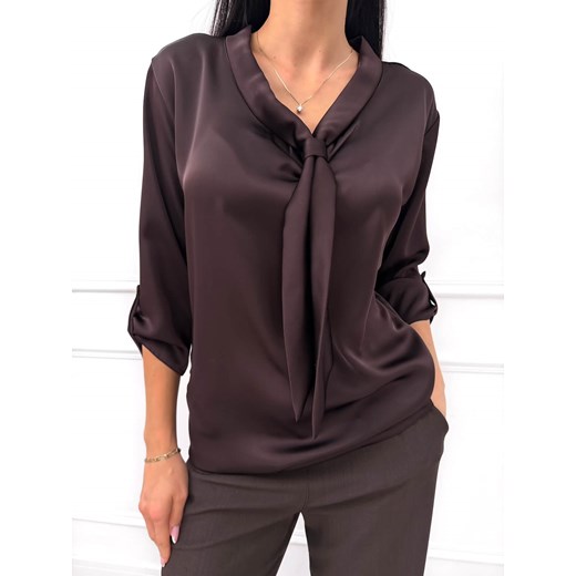 Ciemnobrązowa Bluzka z Wiązaniem przy Dekolcie ze sklepu ModnaKiecka.pl w kategorii Bluzki damskie - zdjęcie 187218709