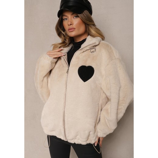 Beżowa Kurtka z Miękkiego Futerka Ozdobiona Naszytym Sercem Zozimara ze sklepu renee.pl w kategorii Futra damskie - zdjęcie 187219039