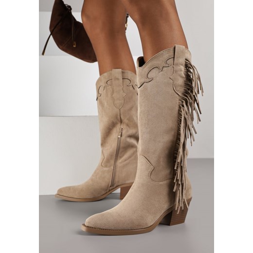 Ciemnobeżowe Kozaki Kowbojki na Stożku Ozdobione Frędzlami Reianeva Renee 36 renee.pl