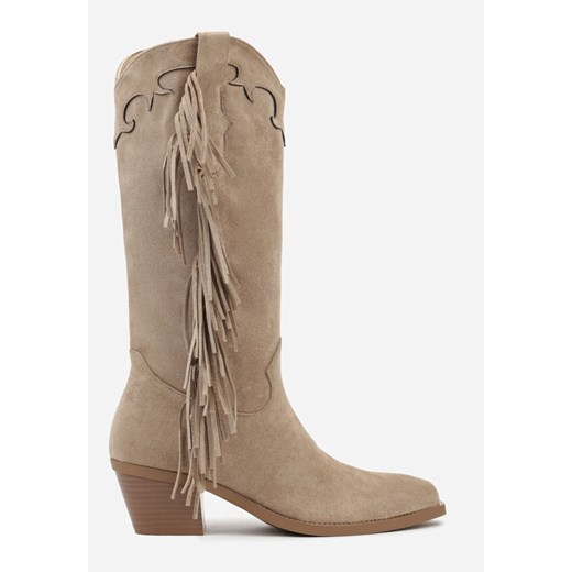 Ciemnobeżowe Kozaki Kowbojki na Stożku Ozdobione Frędzlami Reianeva Renee 36 renee.pl