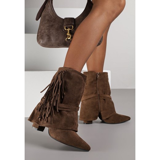 Brązowe Botki w Stylu Boho z Wywiniętą Cholewką i Frędzlami Harile 39 born2be.pl