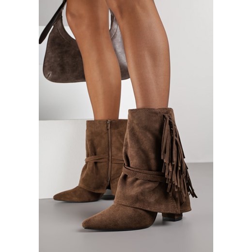 Brązowe Botki w Stylu Boho z Wywiniętą Cholewką i Frędzlami Harile ze sklepu born2be.pl w kategorii Botki - zdjęcie 187219088