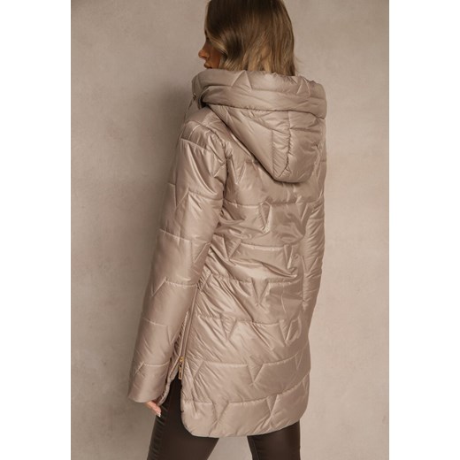 Ciemnobeżowa Przejściowa Kurtka z Pikowanymi Przeszyciami Kapturem i Suwakami Renee XL renee.pl
