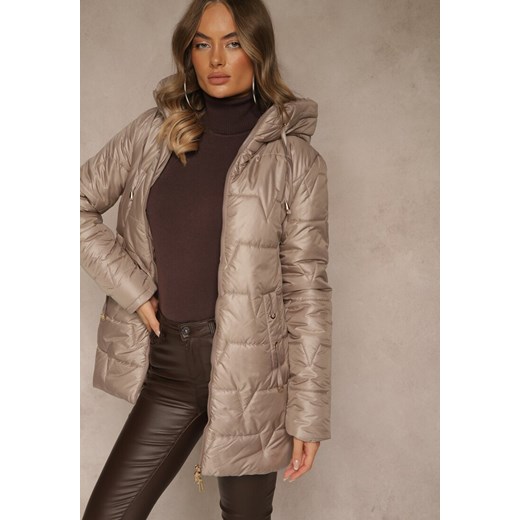 Ciemnobeżowa Przejściowa Kurtka z Pikowanymi Przeszyciami Kapturem i Suwakami Renee 2XL renee.pl