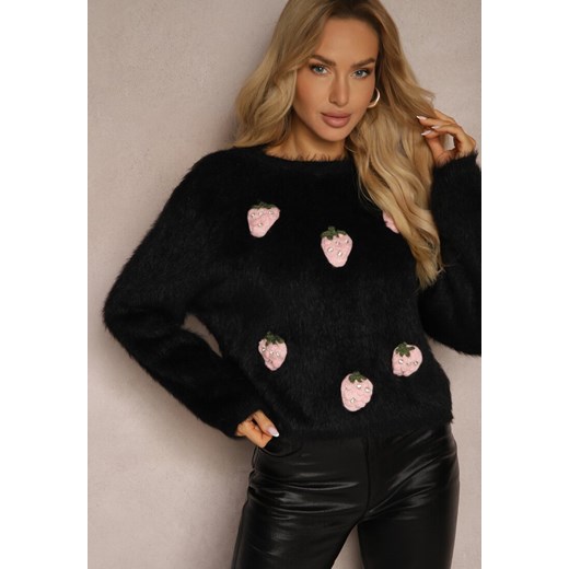 Czarny Sweter Puchaty z Dodatkiem Wełny Ozdobiony Truskawkami 3D Leriah - id: 3815-MIX3K-38-BLACK - marki Renee - 187225739 Czarny Sweter Puchaty z Dodatkiem Wełny Ozdobiony Truskawkami 3D Leriah ze sklepu renee.pl w kategorii Swetry damskie - zdjęcie 187225739