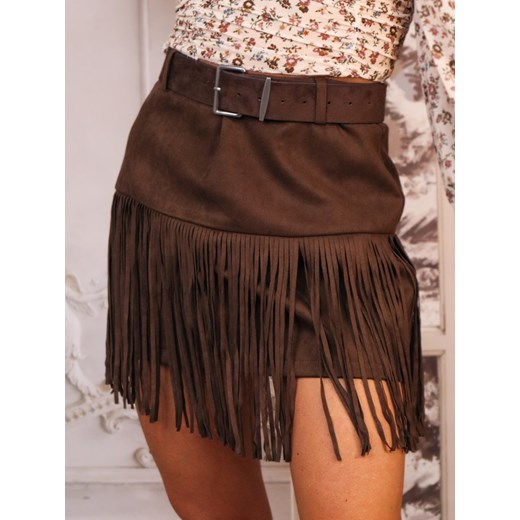 SPÓDNICA ZAMSZOWA MINI Z FRĘDZLAMI I PASKIEM- CZEKOLADOWA ze sklepu olika.com.pl w kategorii Spódnice - zdjęcie 187228969